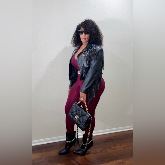 FASHION NOVA Standing Tall Ribbed Jumpsuit - Burgundy Size Large - Picture 6 of 8